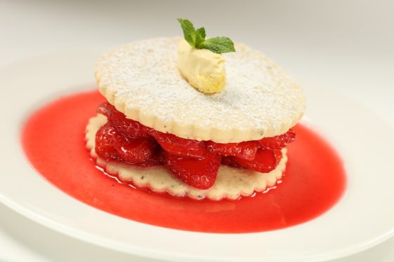 Redcurrant Soaked Strawberries with Cracked Black Pepper Biscuits